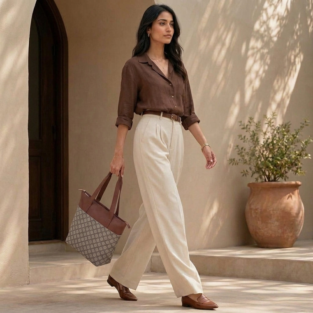 HandyJute Beige and Brown Floral Geometric Print Tote Bag with Brown Handles for Women