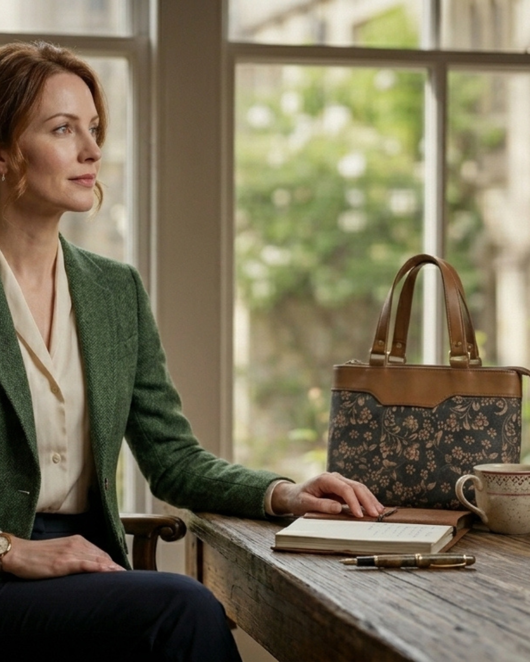 Woman sitting at a table with a notebook and cup, next to a floral handbag, in a room with large windows.
