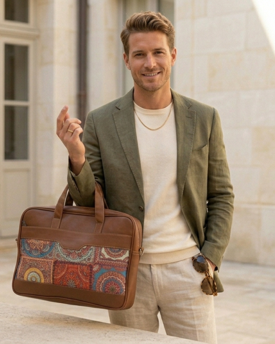 Man holding a brown leather briefcase with a colorful pattern, standing outdoors.