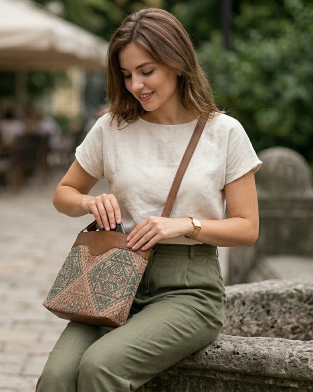 Woman sitting outdoors with a patterned bag, wearing a white shirt and green pants.