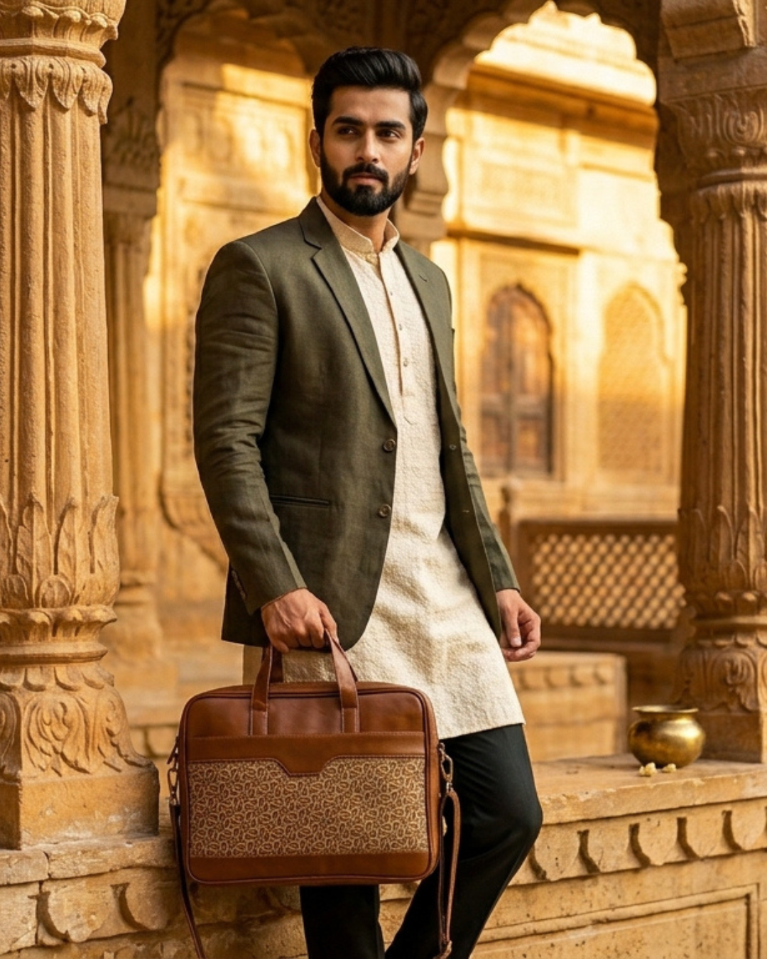 Man holding a brown leather briefcase in an architectural setting