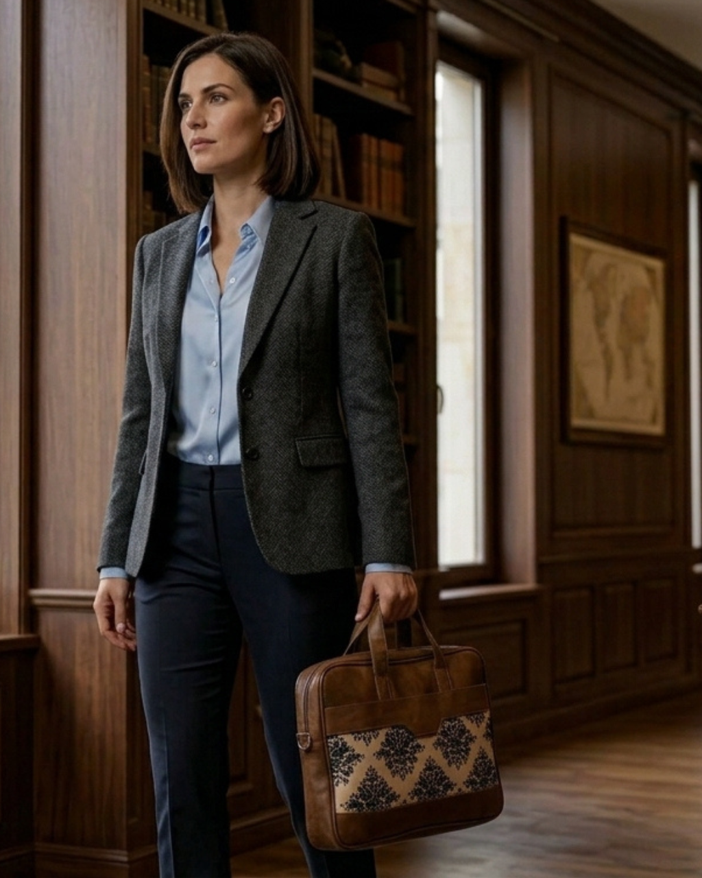 Woman in formal attire holding a brown leather bag with floral pattern in a room with wooden walls and bookshelves.