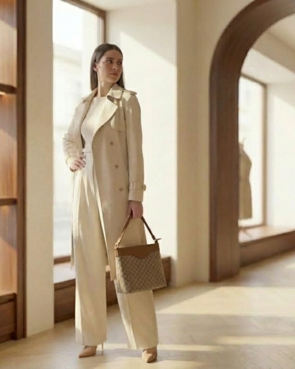 Woman in a beige trench coat holding a handbag in a sunlit room.