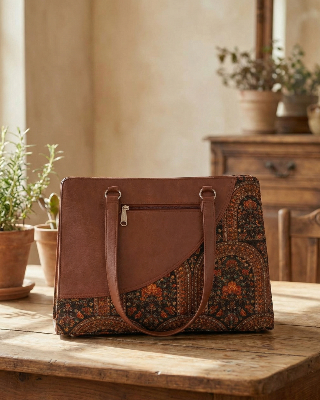Brown leather handbag with patterned flap on a wooden surface, with plants and wooden furniture in the background.