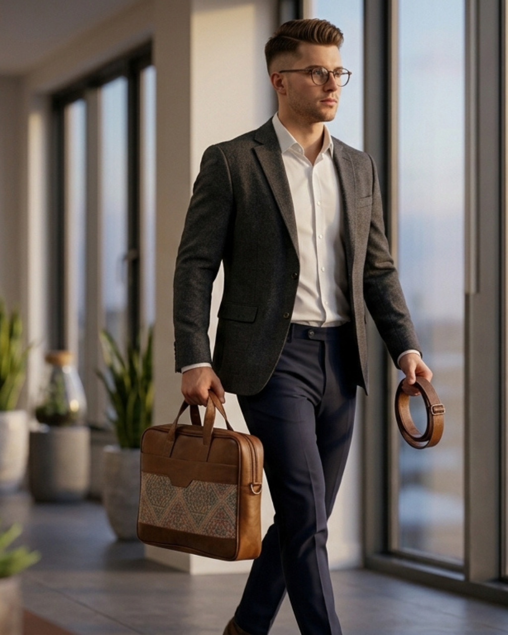 Man in a suit holding a briefcase and walking in a modern indoor setting