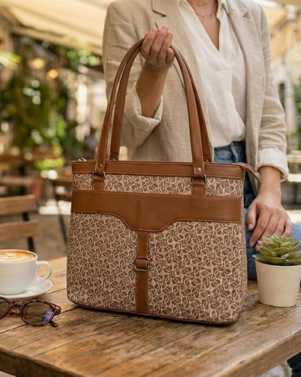 Person holding a patterned handbag with brown accents on a wooden table outdoors.