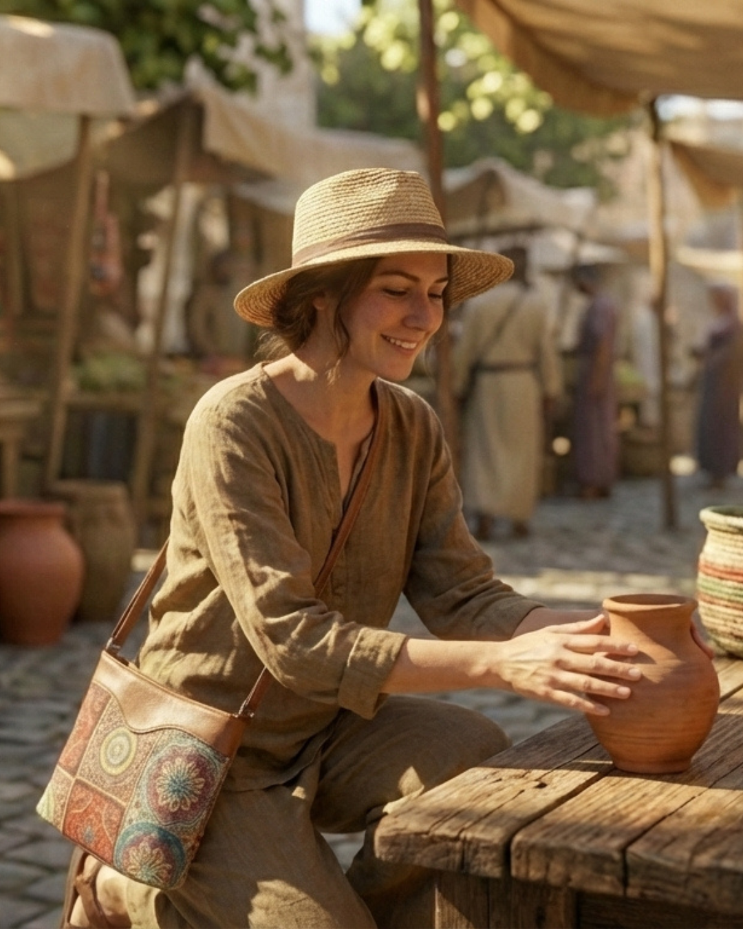 Woman in historical attire sitting at a wooden table with a clay pot, surrounded by tents and people in a rustic setting.