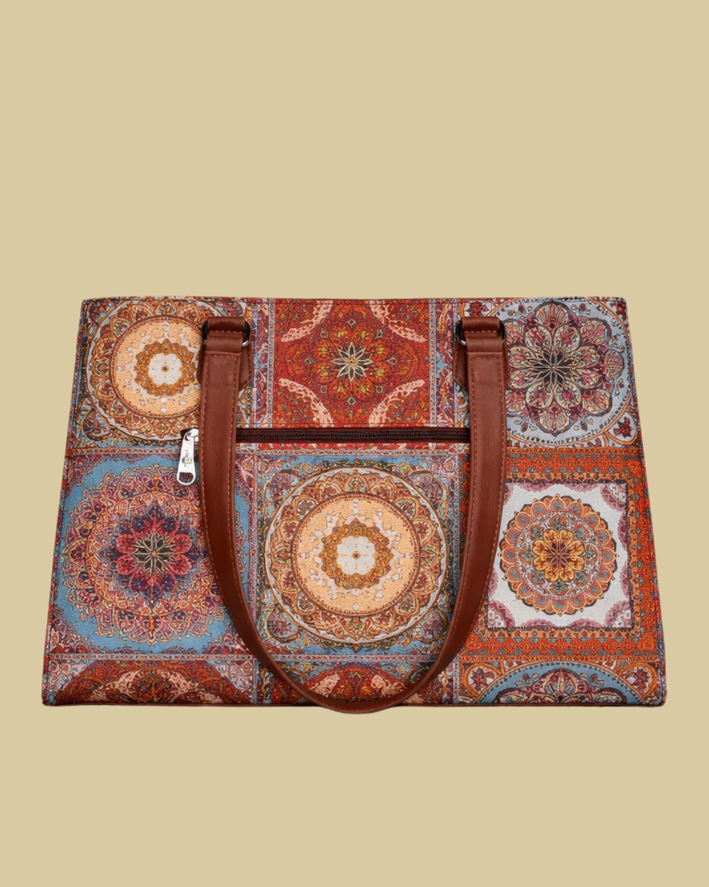 Patterned bag with brown handles on a beige background