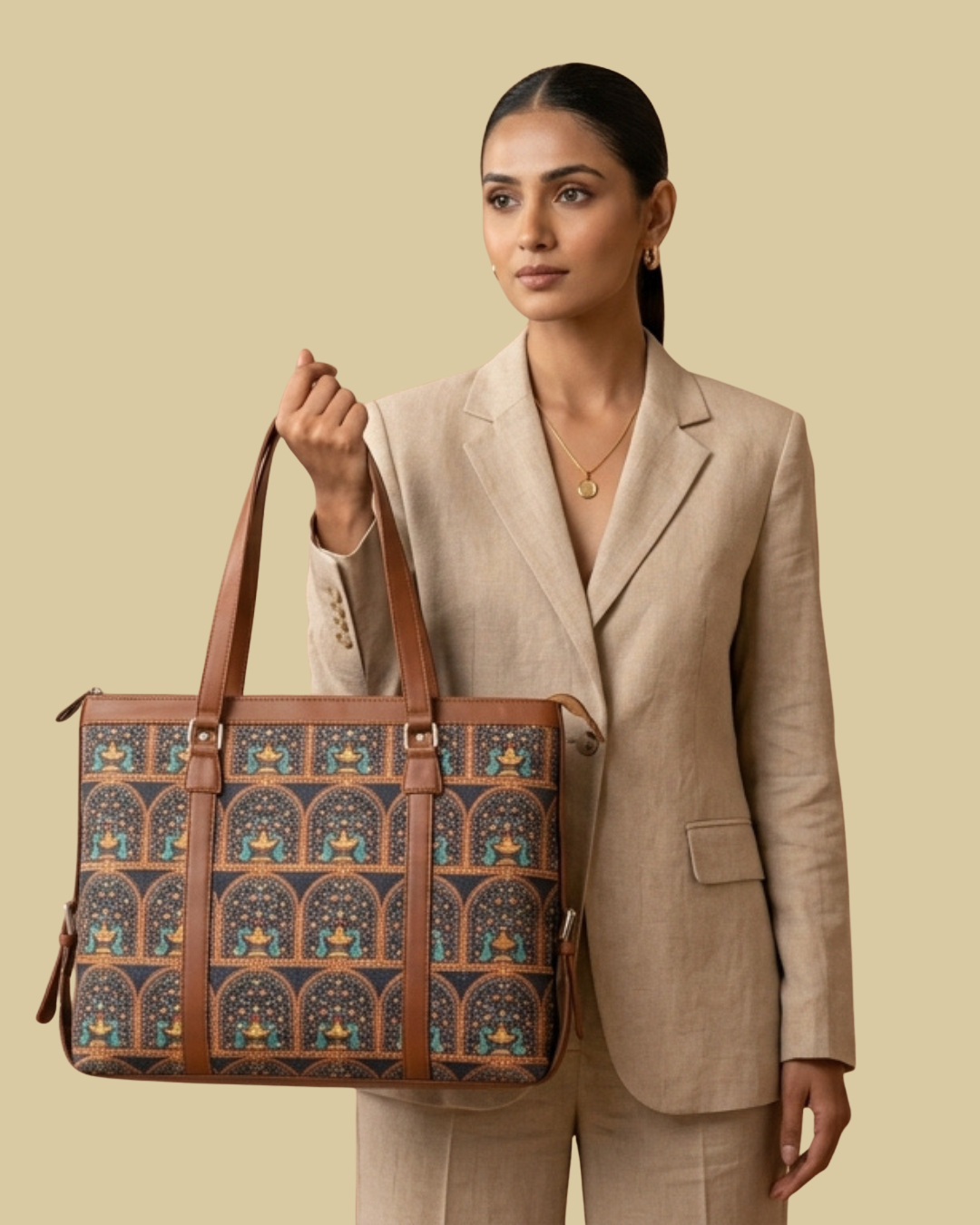 Woman holding a brown leather bag with intricate patterns against a beige background