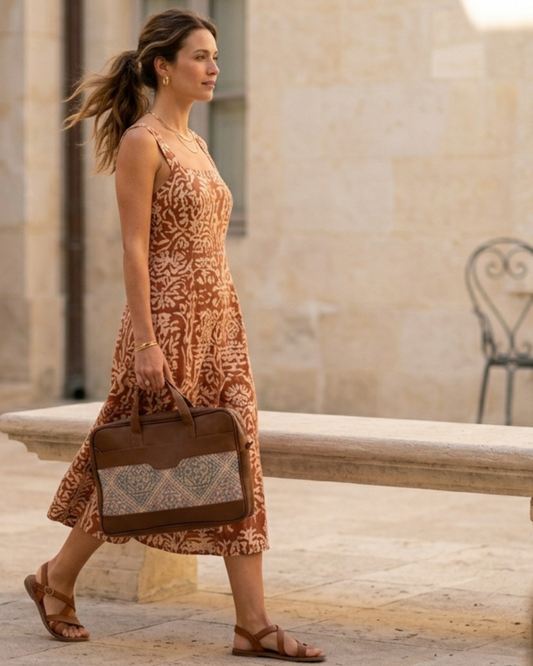 Woman in a patterned dress holding a matching bag outdoors.