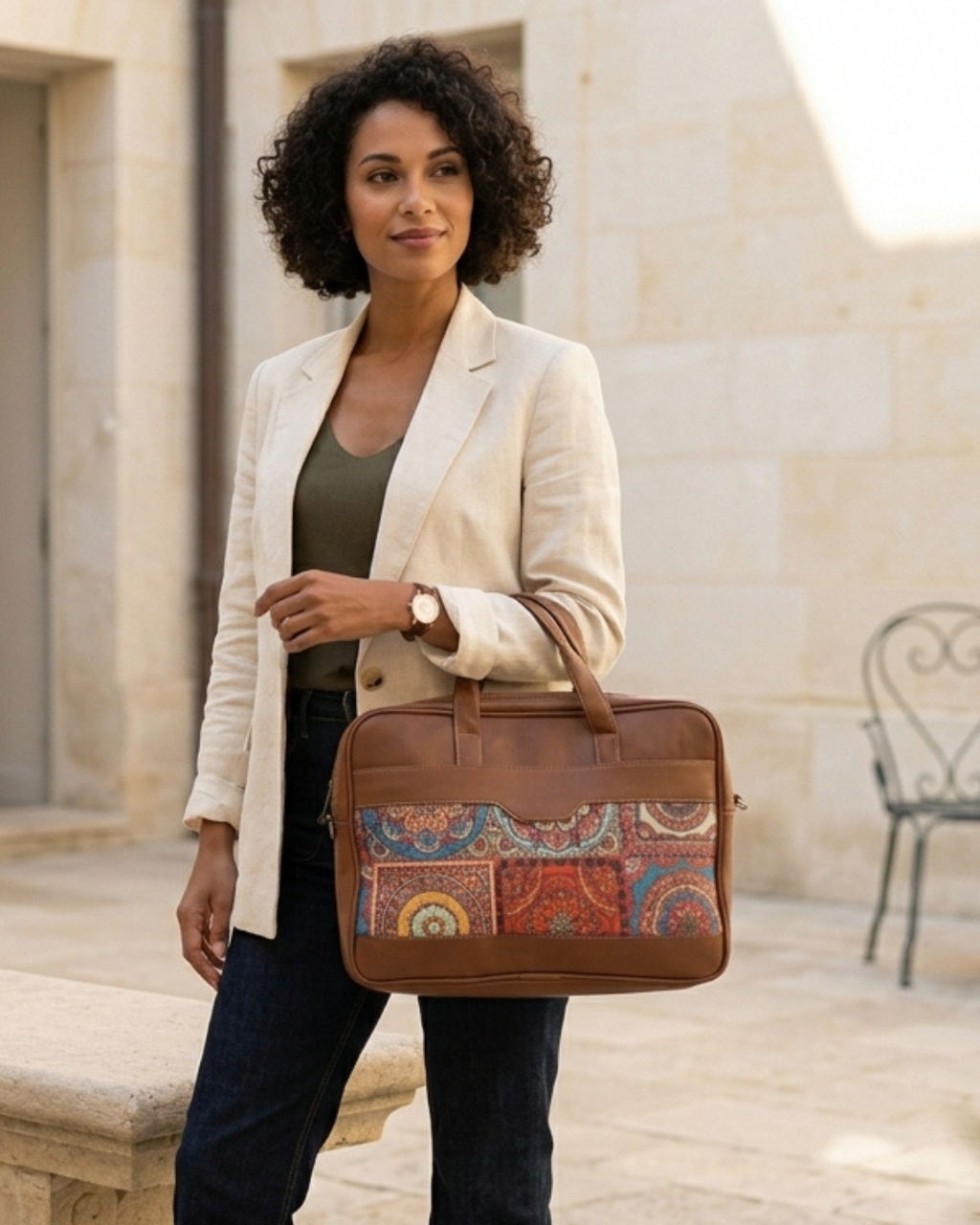 Multicolor Mandala Women's Laptop Bag with Faux Leather Handles