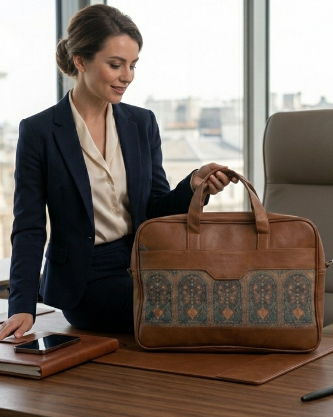 Woman in professional attire with a brown leather bag featuring intricate patterns on a desk.