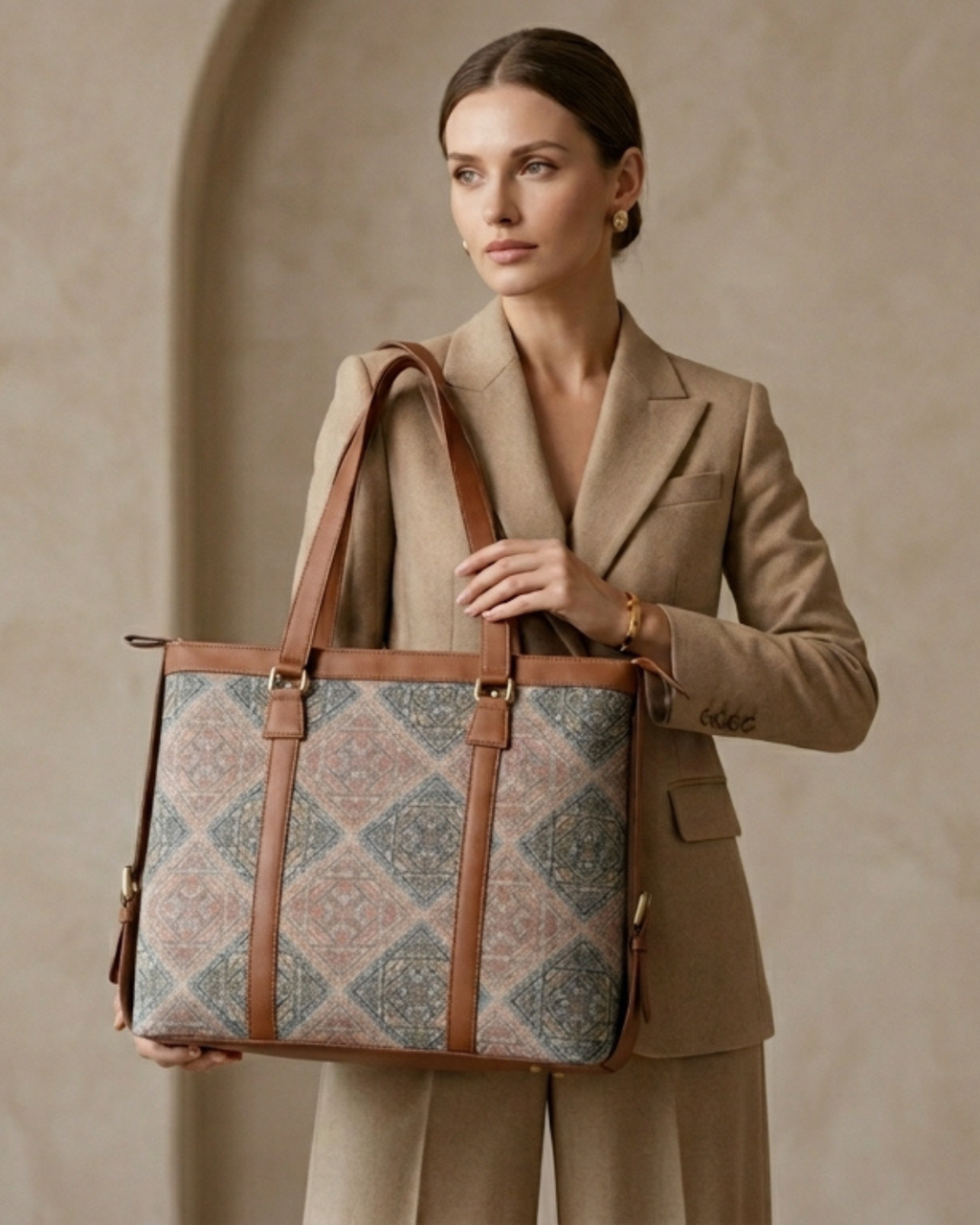 Woman holding a patterned handbag against a beige background