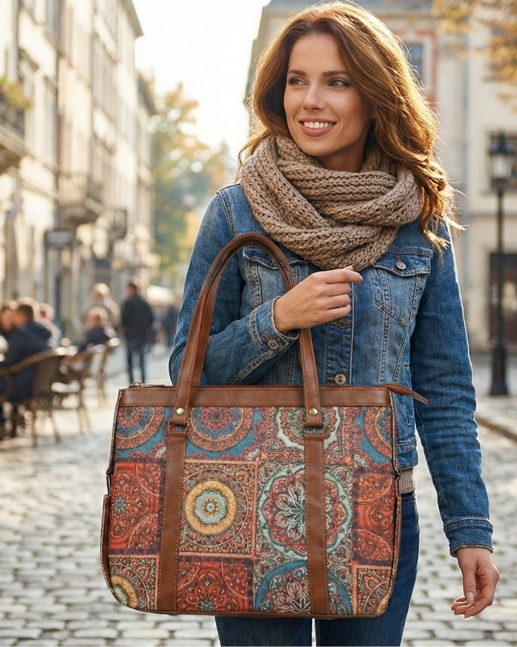 Woman holding a patterned handbag on a city street