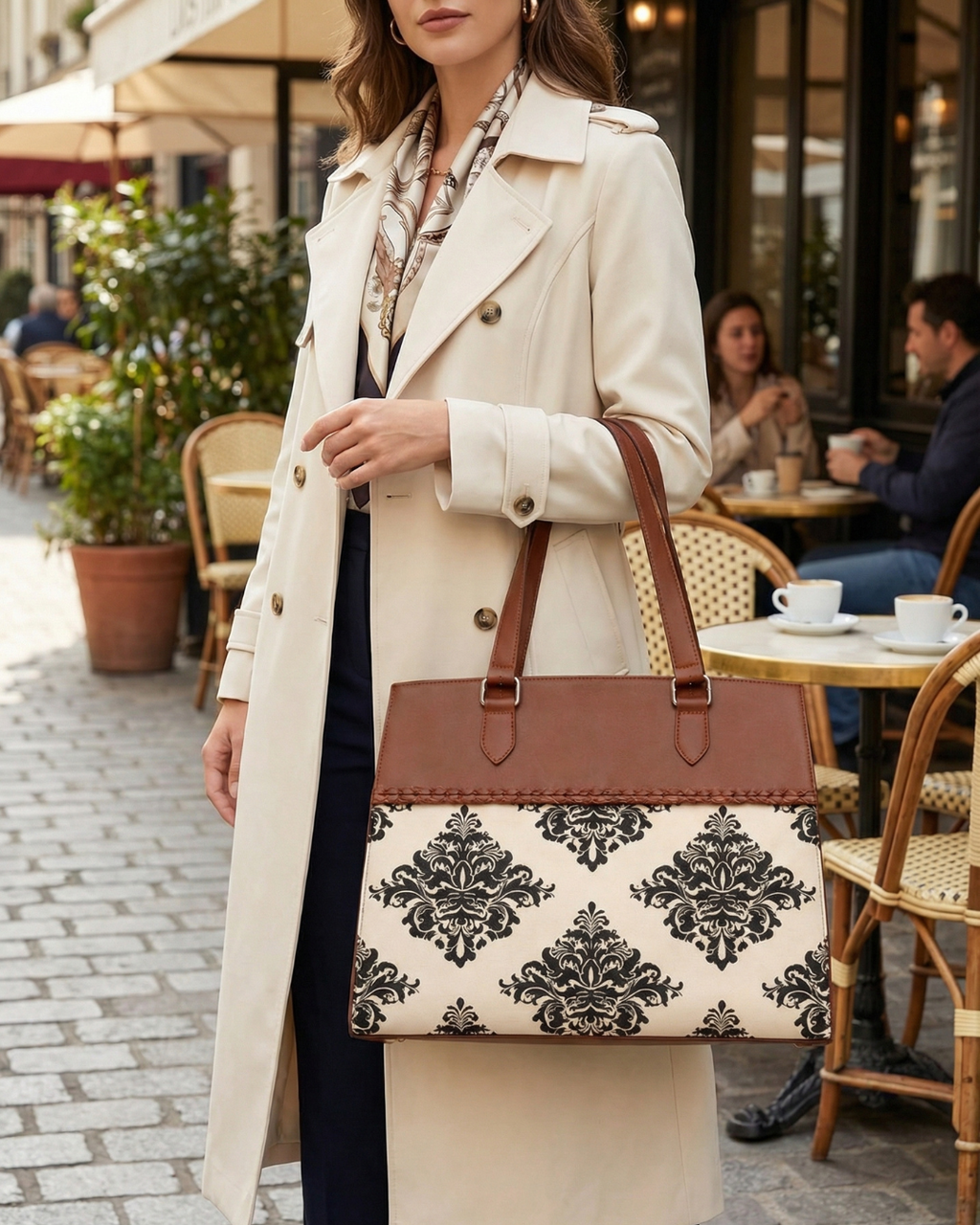 Woman holding a patterned handbag in an outdoor cafe setting