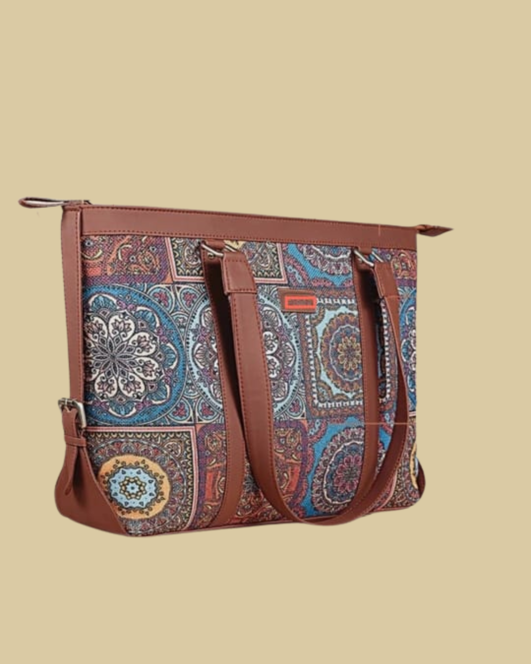 Patterned bag with brown straps on a beige background