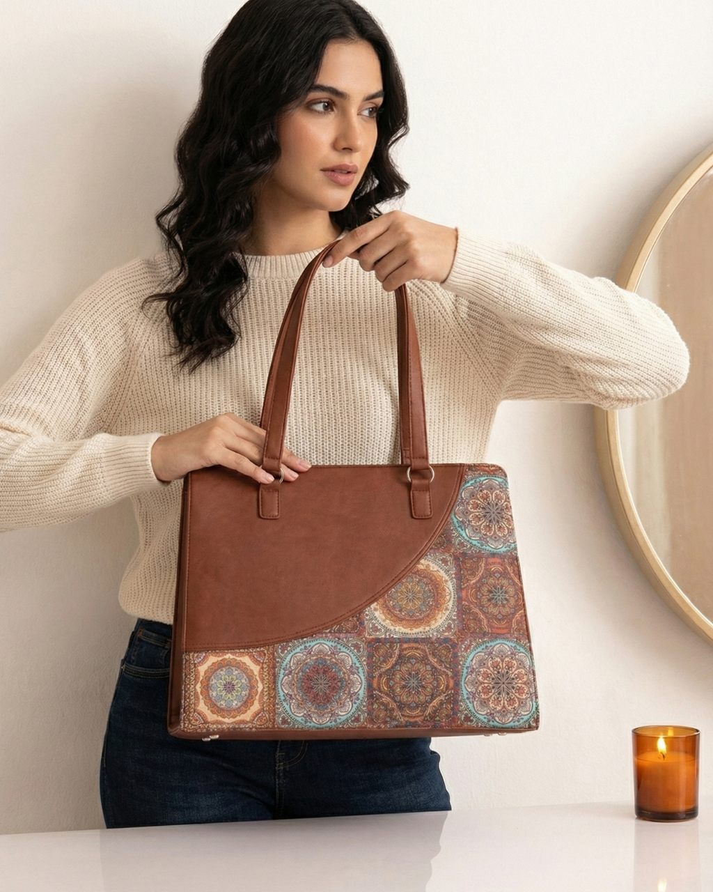 Woman holding a brown handbag with patterned design against a neutral background