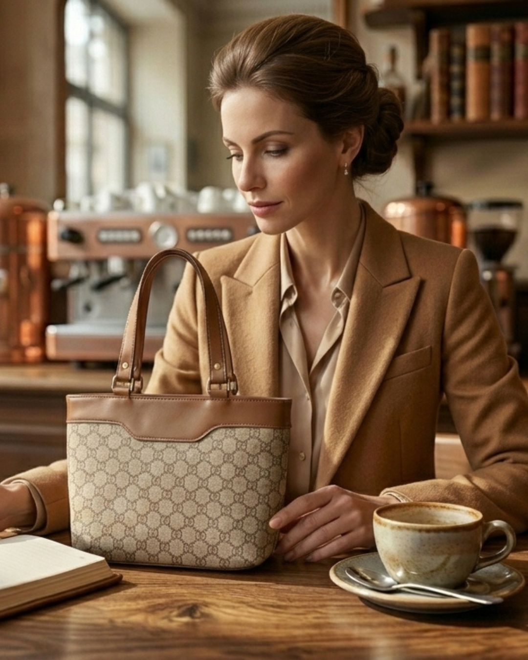 Woman holding a patterned handbag in a coffee shop setting
