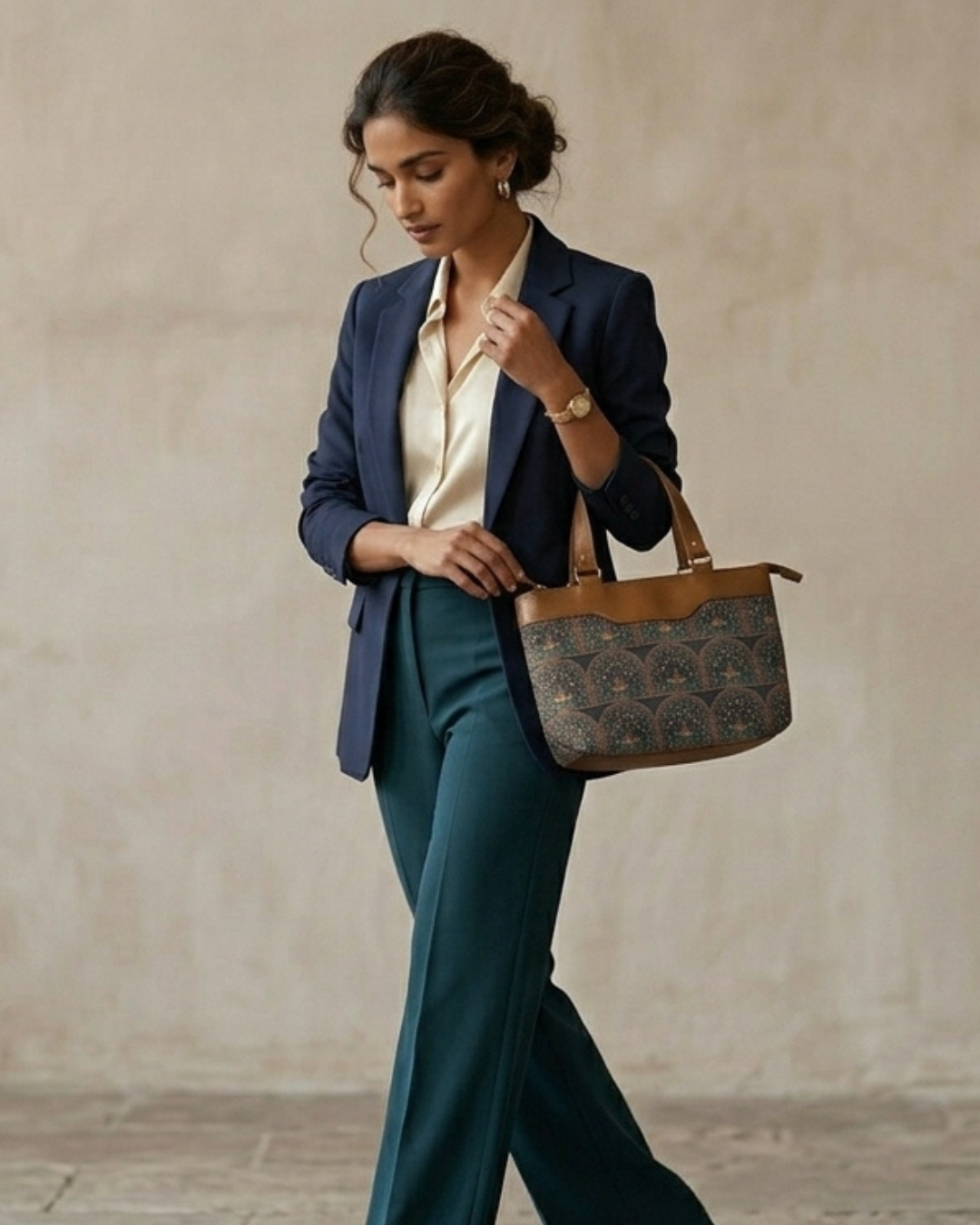 Woman in teal pants and navy blazer holding a patterned handbag against a beige background