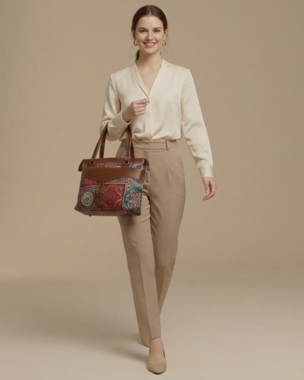 Woman holding a patterned handbag against a beige background