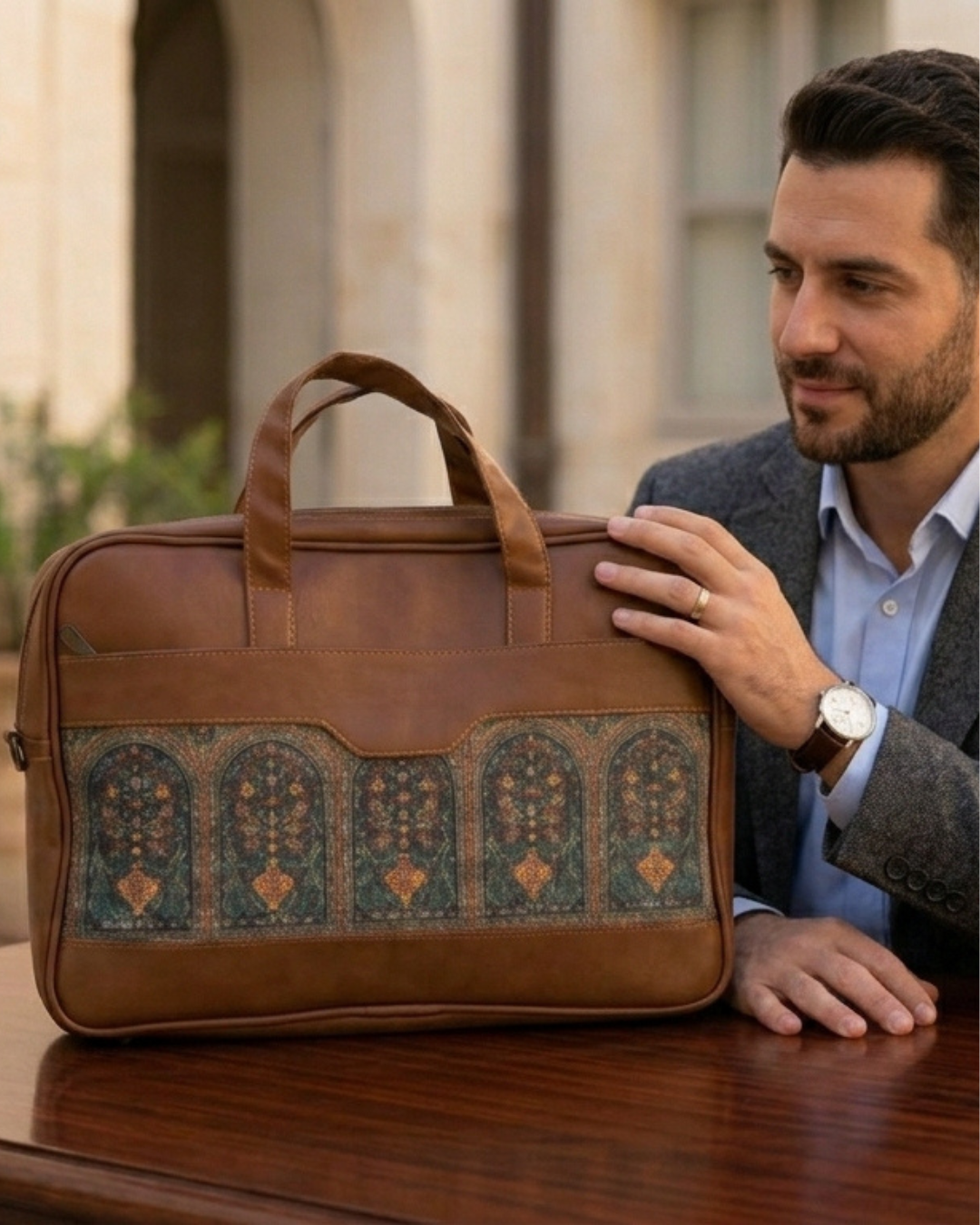 Man holding a brown leather bag with intricate patterns on a wooden surface.