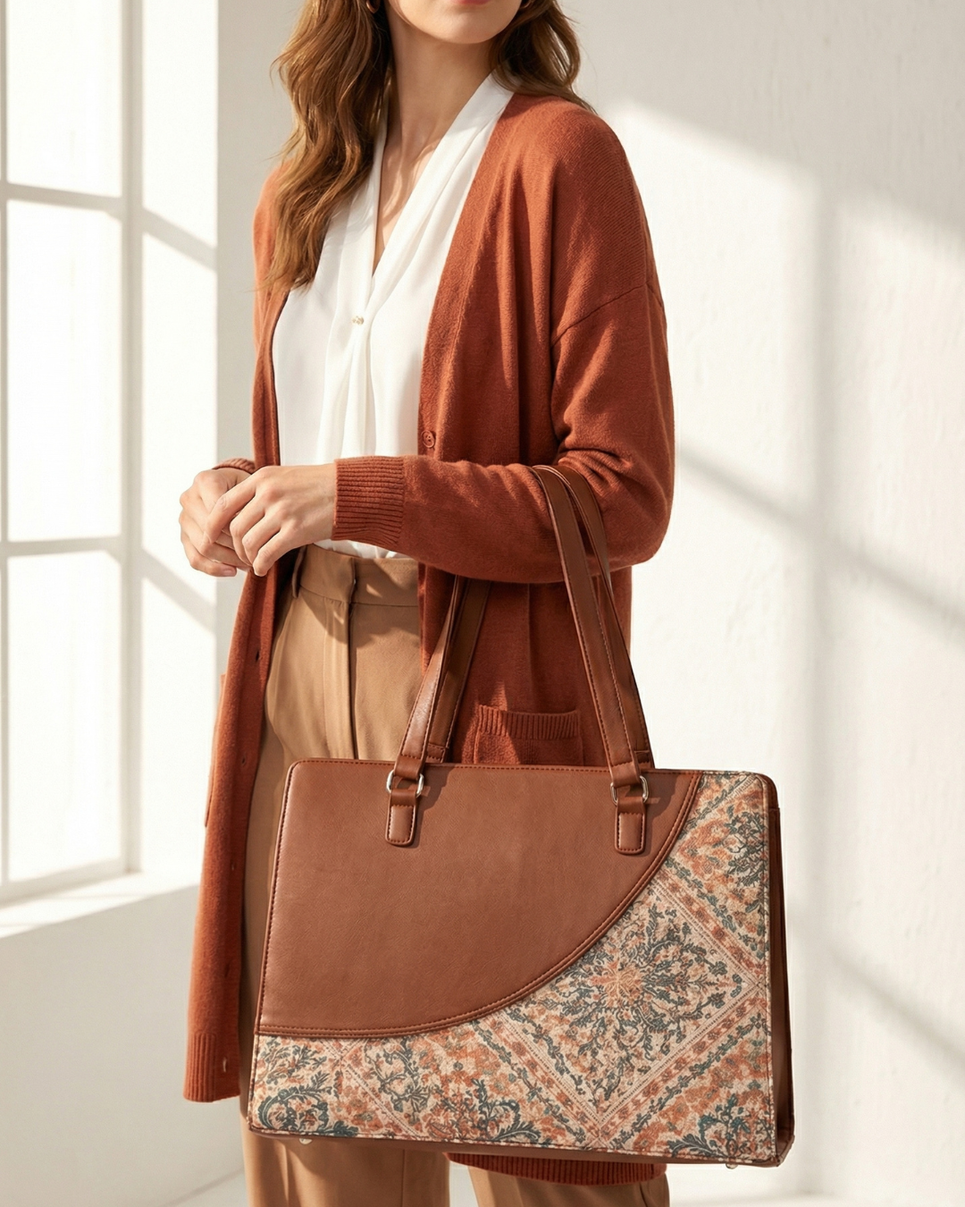 Woman holding a brown and patterned handbag in a bright room
