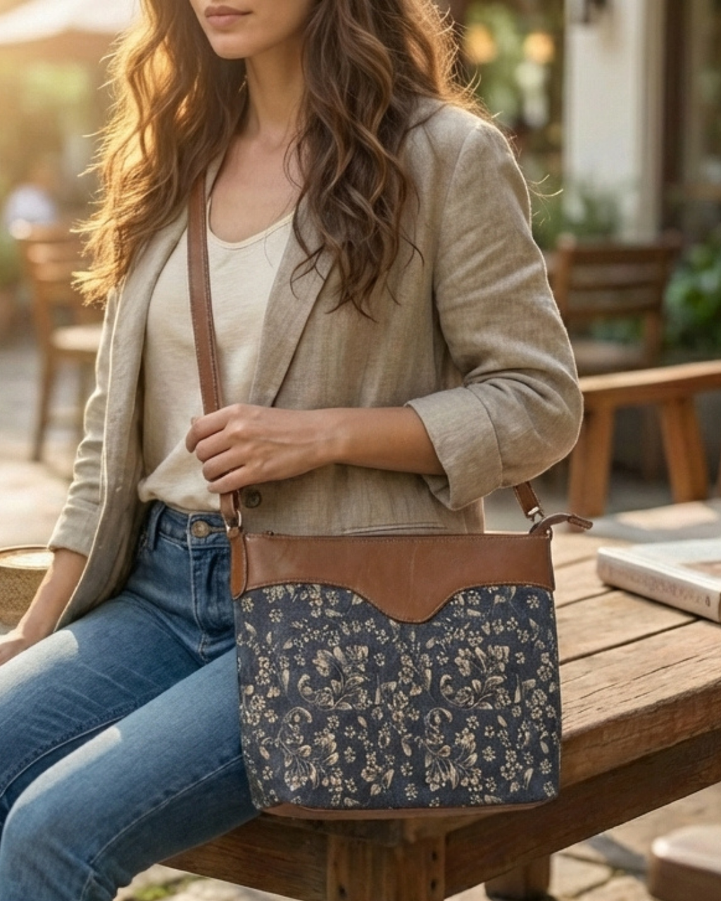 Woman holding a floral-patterned handbag outdoors