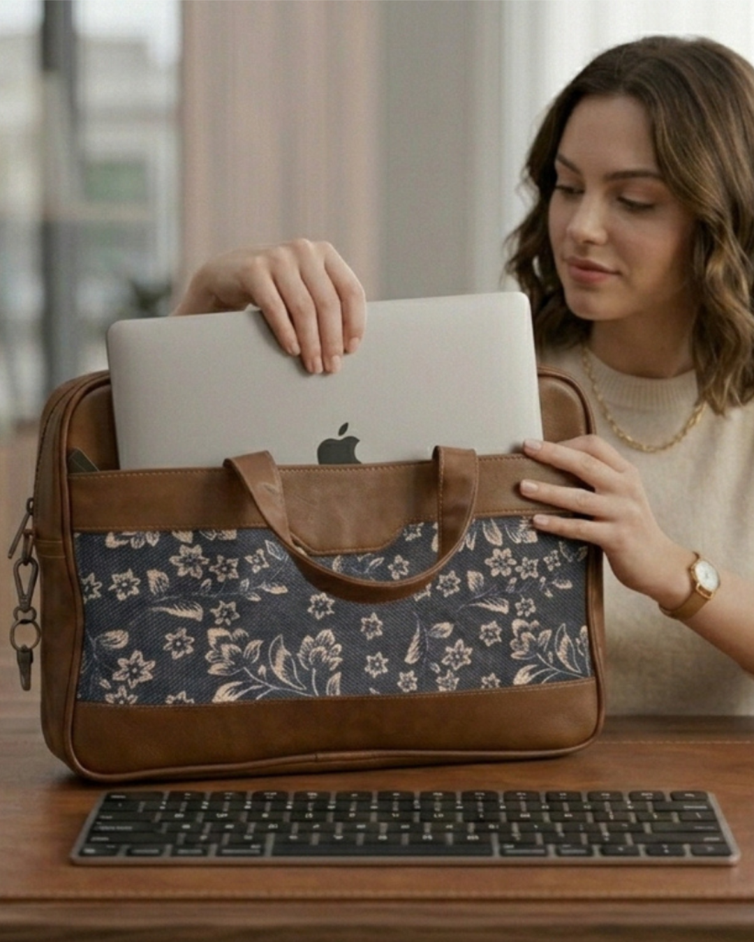 Woman holding a floral-patterned laptop bag with an Apple laptop inside, sitting at a desk.