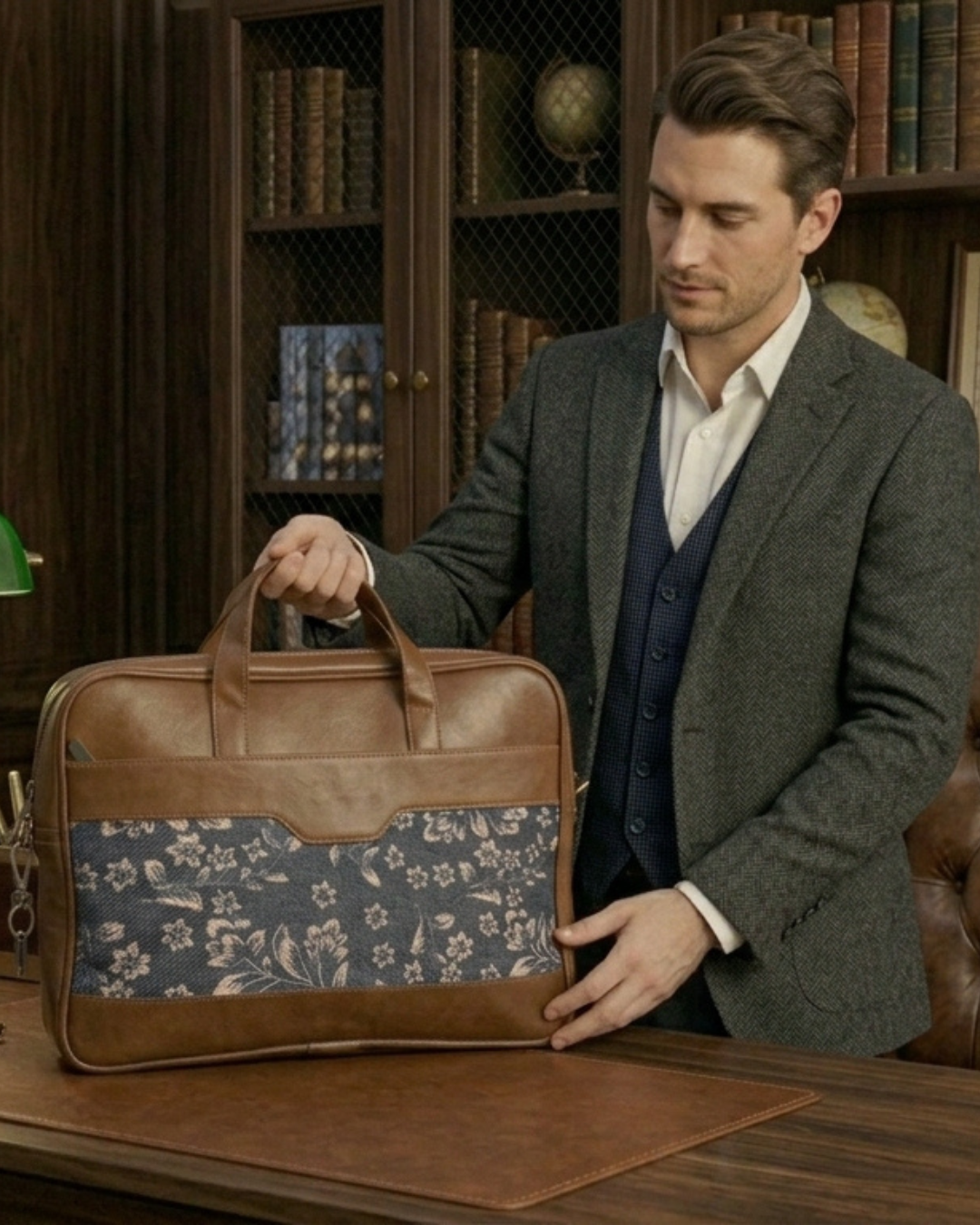 Man holding a brown leather briefcase with floral pattern in an office setting