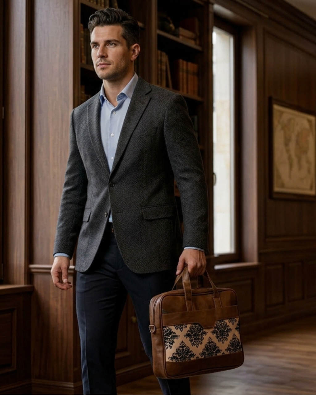 Man in a suit holding a brown leather briefcase with a decorative pattern in a room with wooden walls and bookshelves.