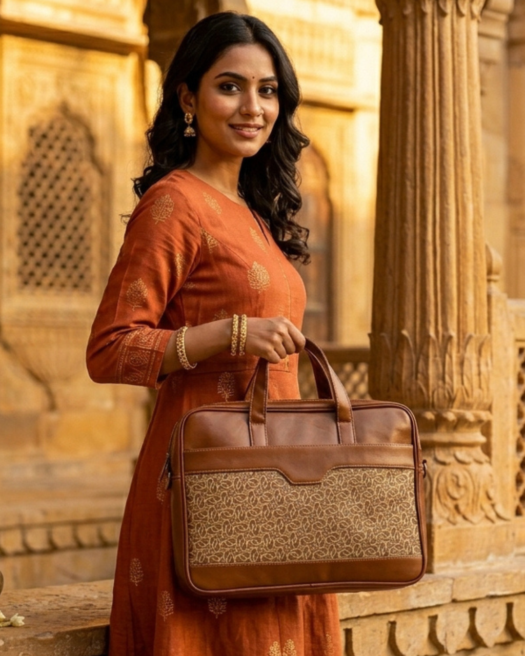 Beige Abstract Loop Women's Laptop Bag with Faux Leather Handles