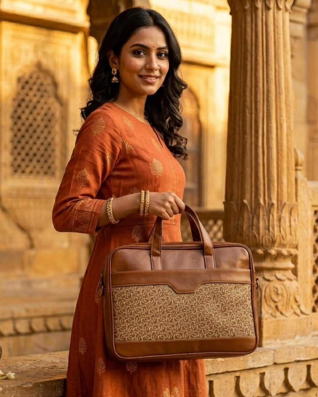 Beige Abstract Loop Women's Laptop Bag with Faux Leather Handles