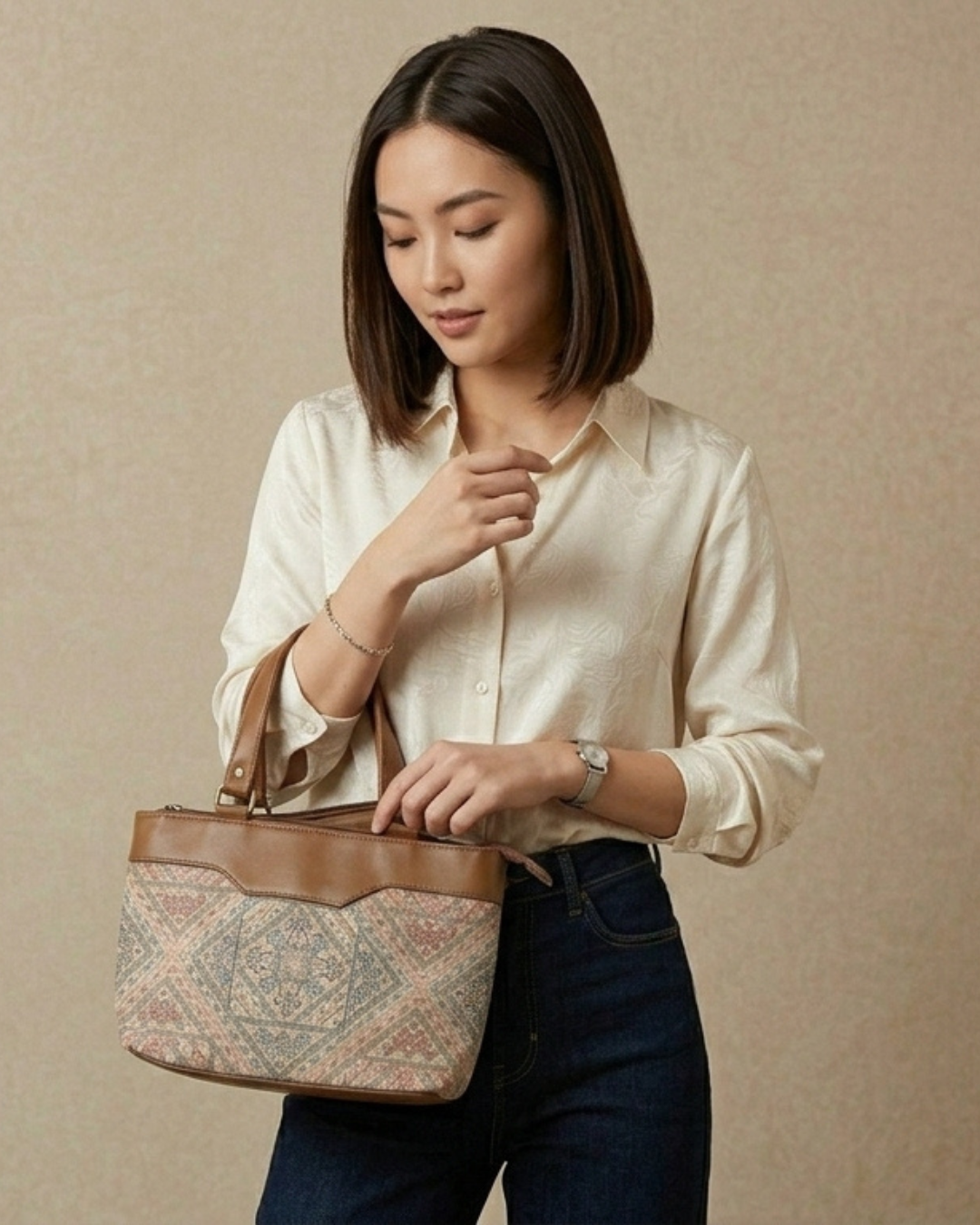 Woman holding a patterned handbag against a beige background