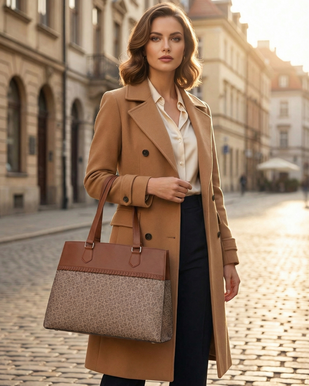 Woman in a tan coat holding a patterned handbag on a city street.