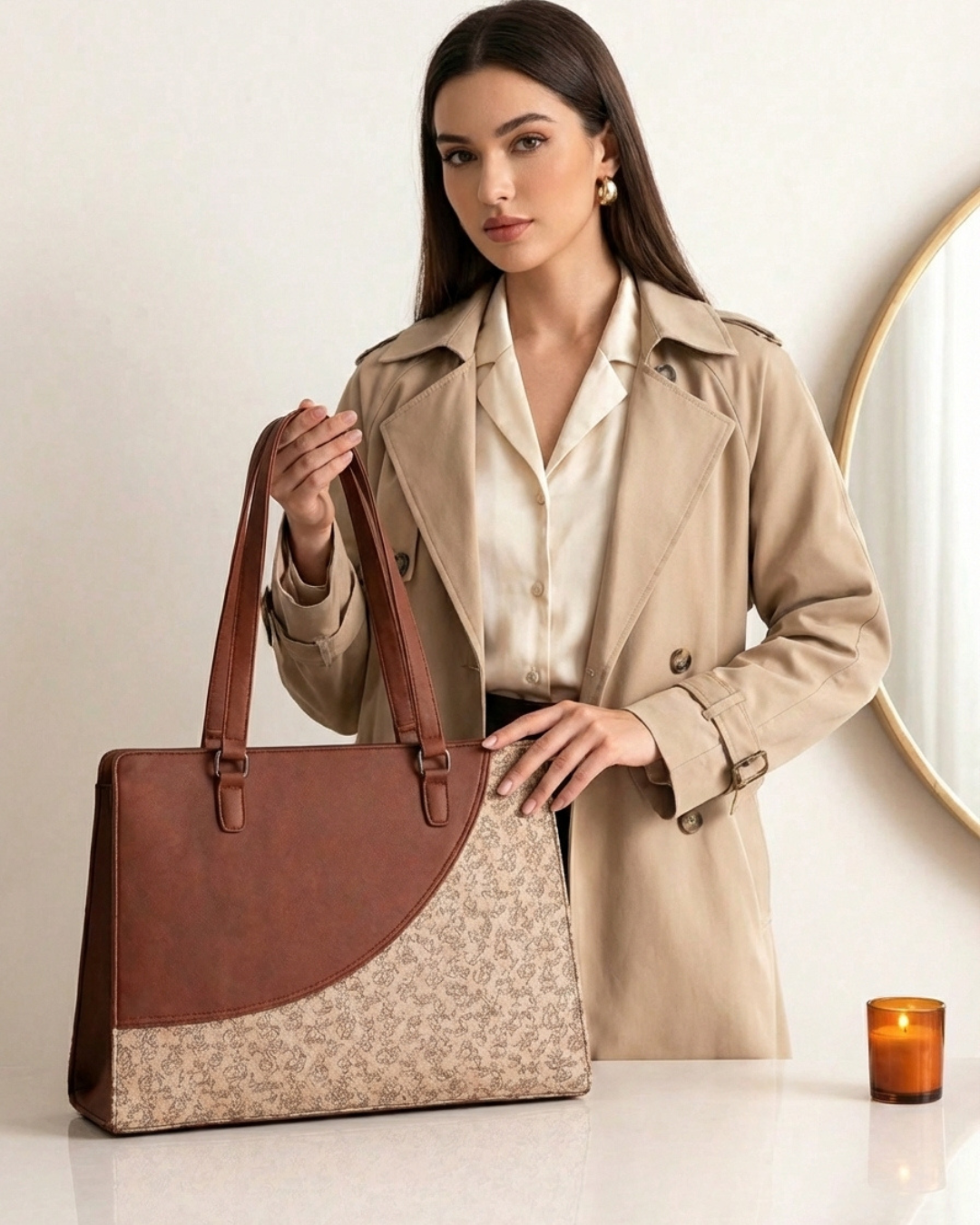 Woman holding a brown and beige handbag in a minimalistic setting