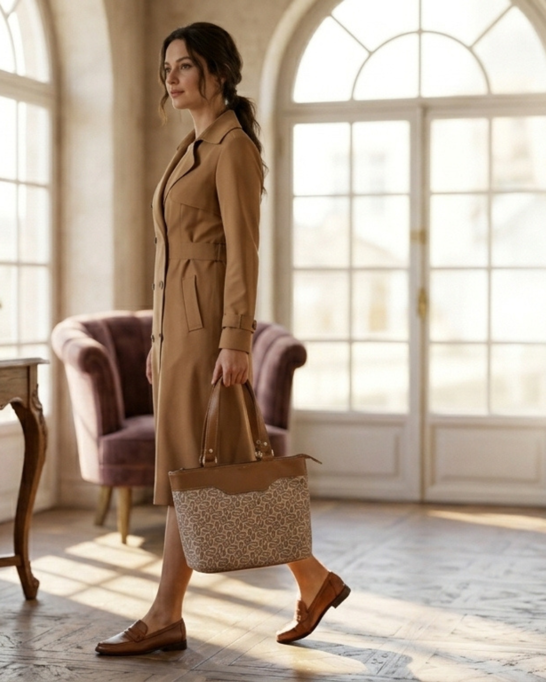 Woman in a beige trench coat holding a matching handbag in a sunlit room.