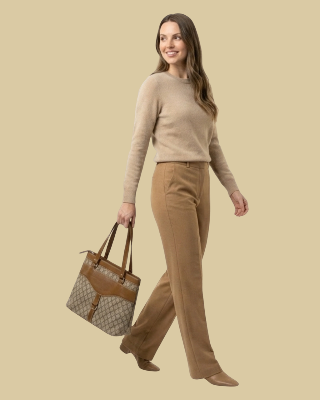 Woman wearing a beige sweater and brown pants holding a handbag on a beige background