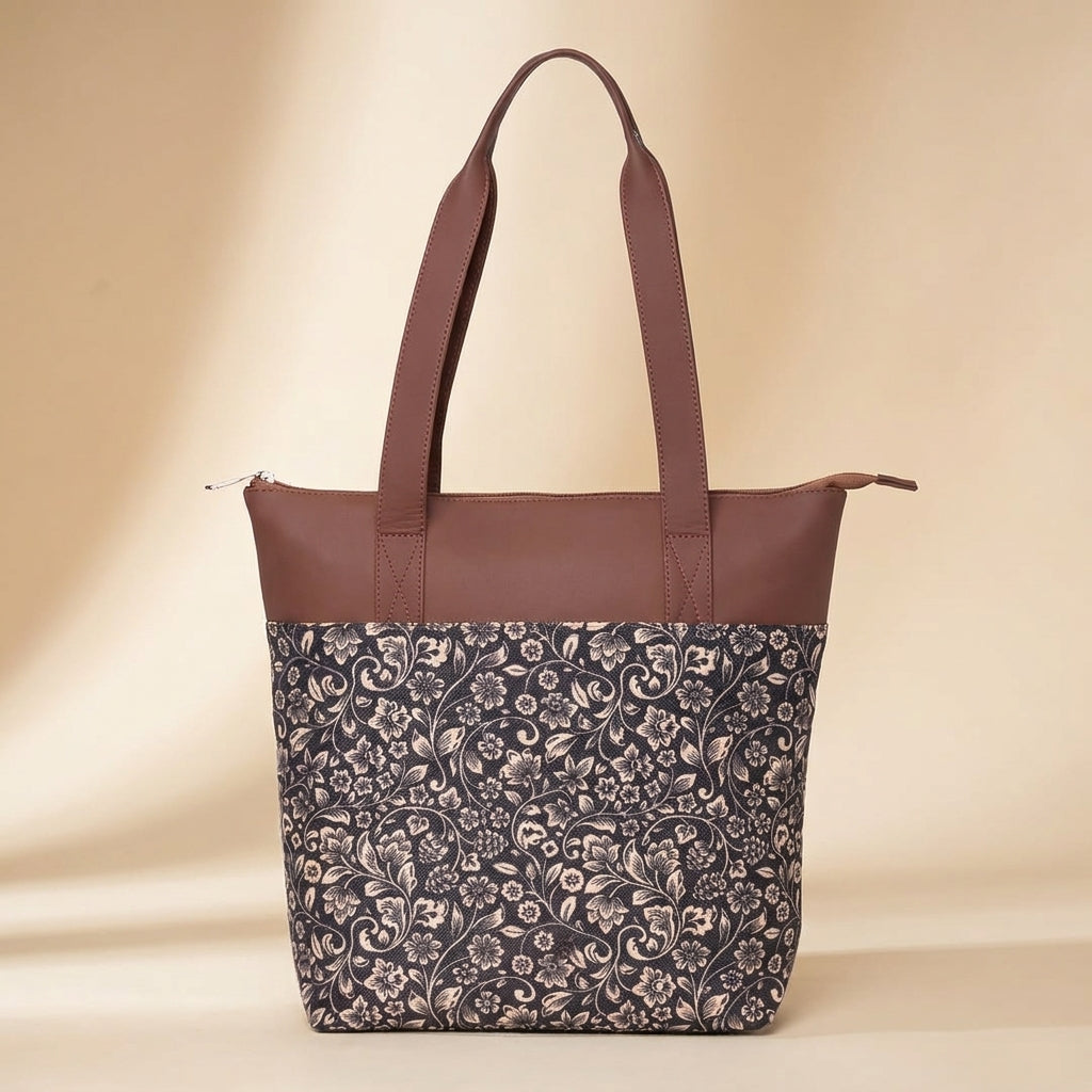 HandyJute Black Floral Print Tote Bag with Brown Handles for Women