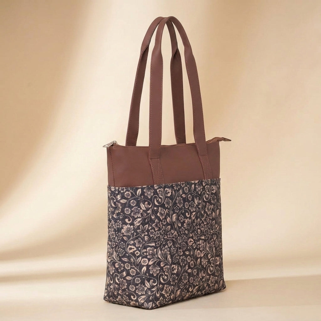 HandyJute Black Floral Print Tote Bag with Brown Handles for Women
