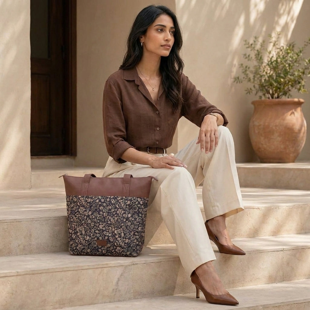 HandyJute Black Floral Print Tote Bag with Brown Handles for Women