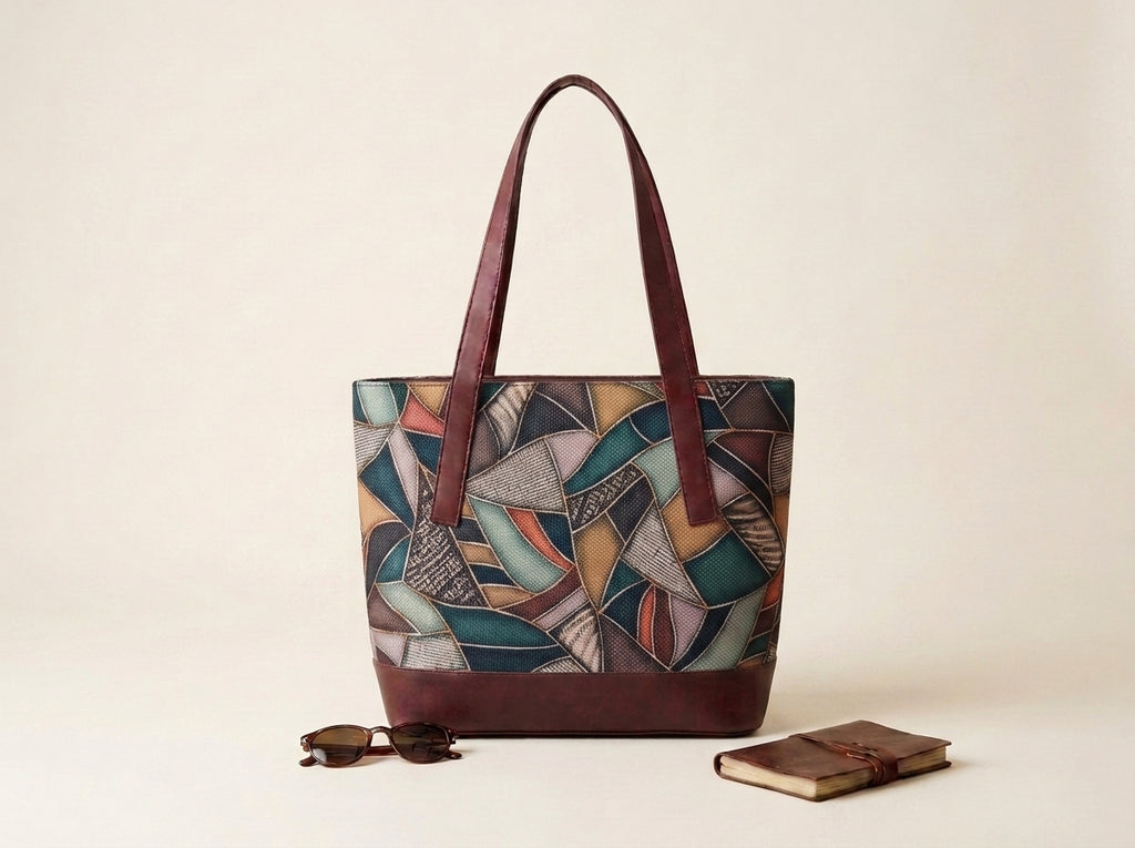 HANDYJUTE Women's Multicolor Geometric Printed Jute Tote Bag