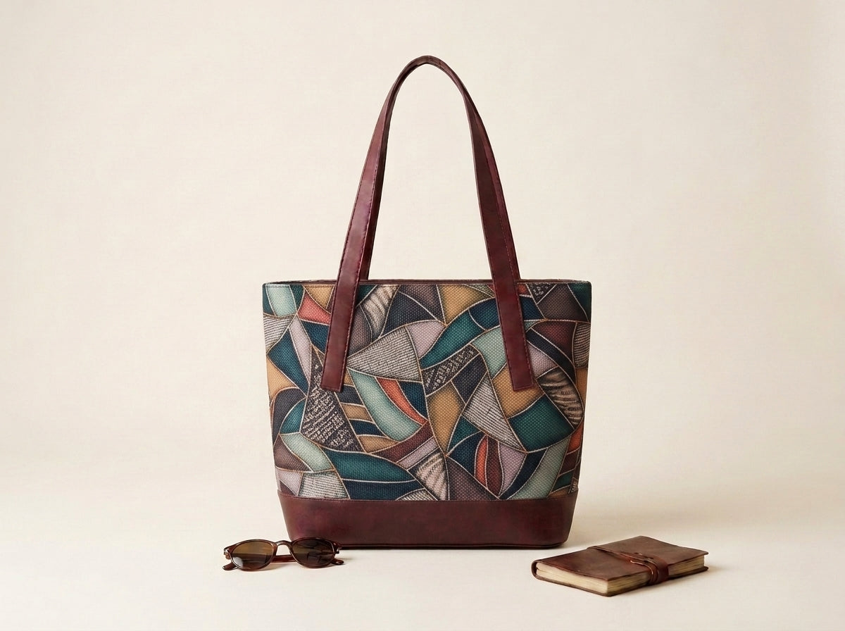 HANDYJUTE Women's Multicolor Geometric Printed Jute Tote Bag