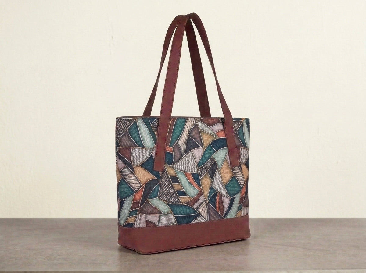 HANDYJUTE Women's Multicolor Geometric Printed Jute Tote Bag