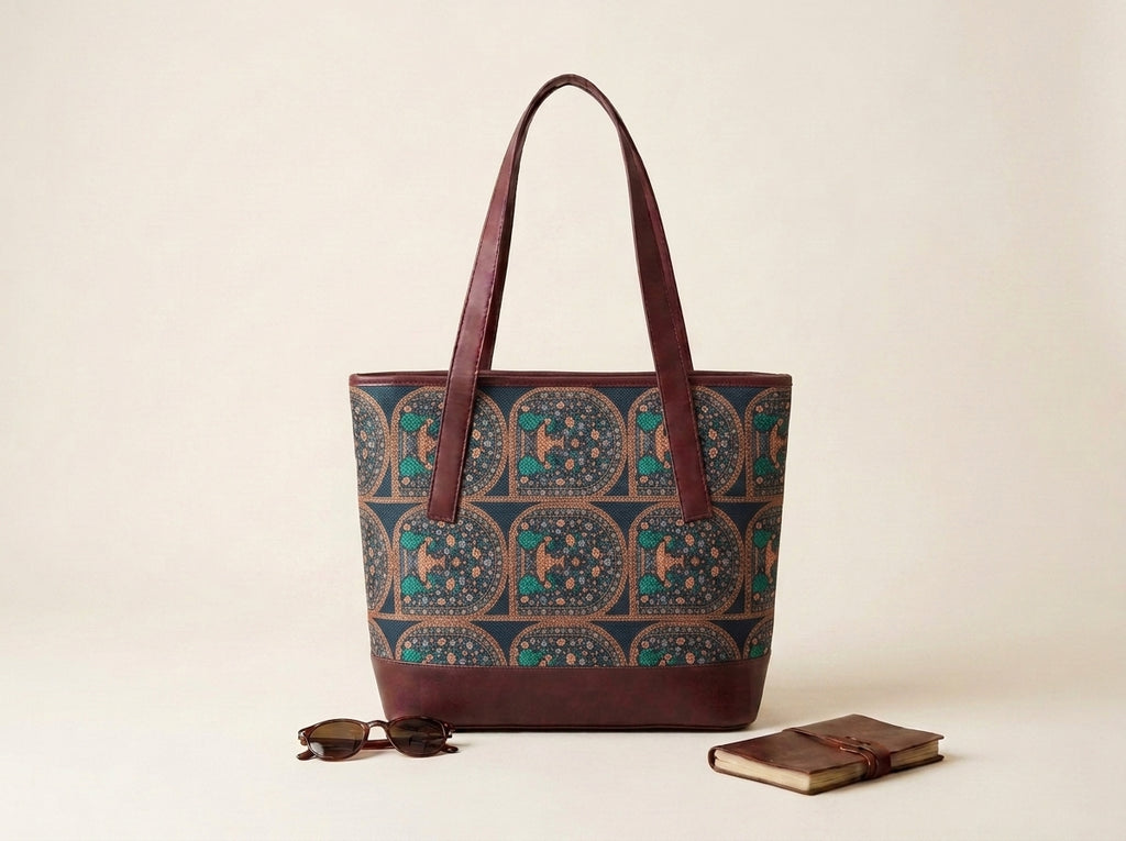 HandyJute Women's Printed Jute Office Tote Bag with Brown Handles