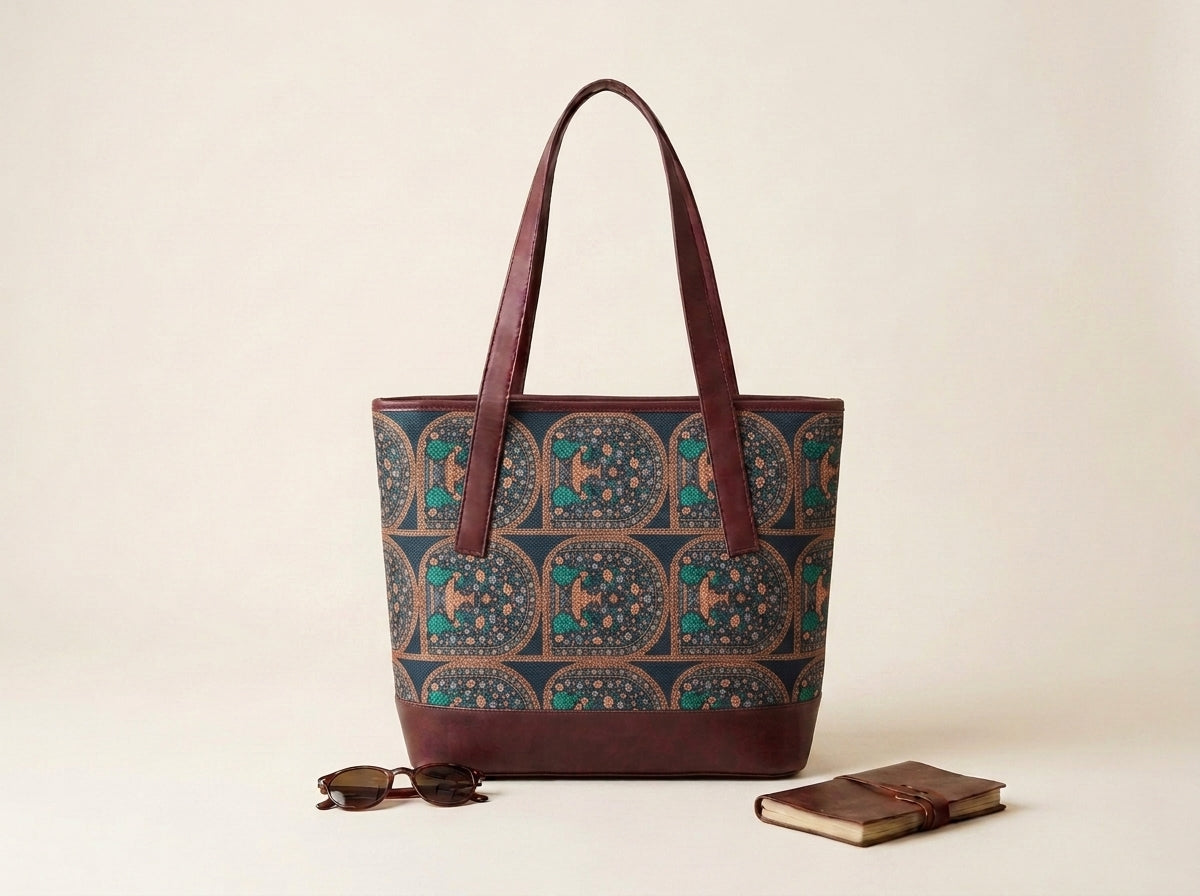 HandyJute Women's Printed Jute Office Tote Bag with Brown Handles