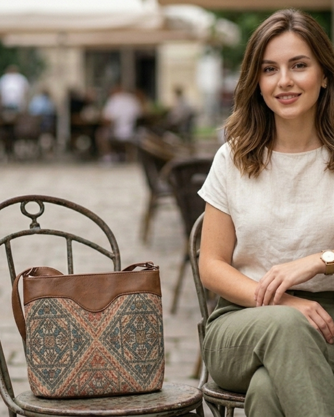 Woman sitting outdoors with a patterned handbag on a chair