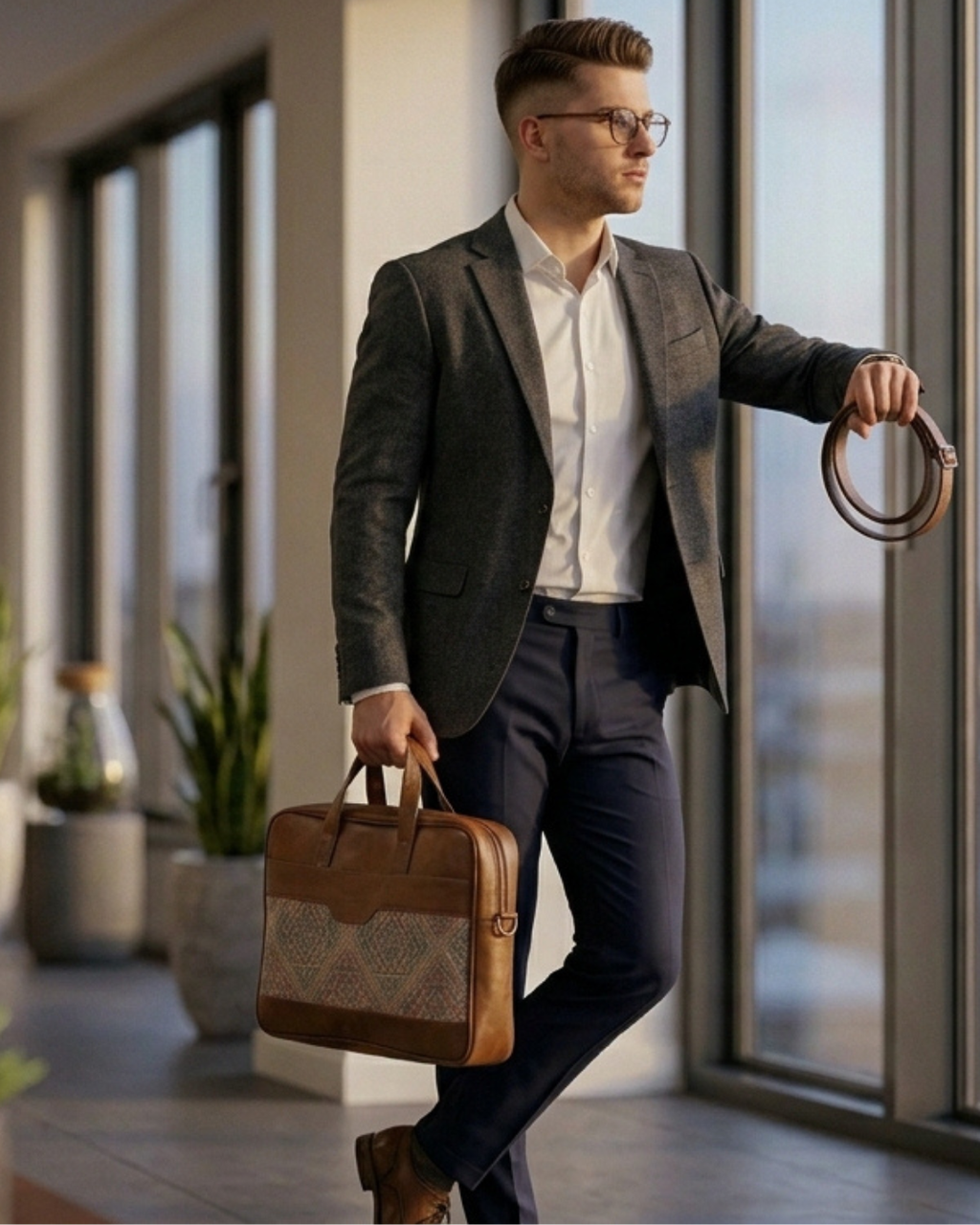 Man in a suit holding a briefcase and walking through a modern building.