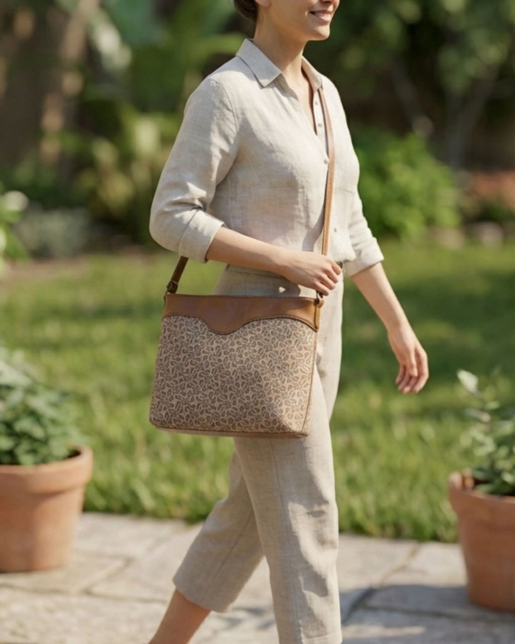 Person wearing a light-colored shirt and pants with a patterned bag outdoors.