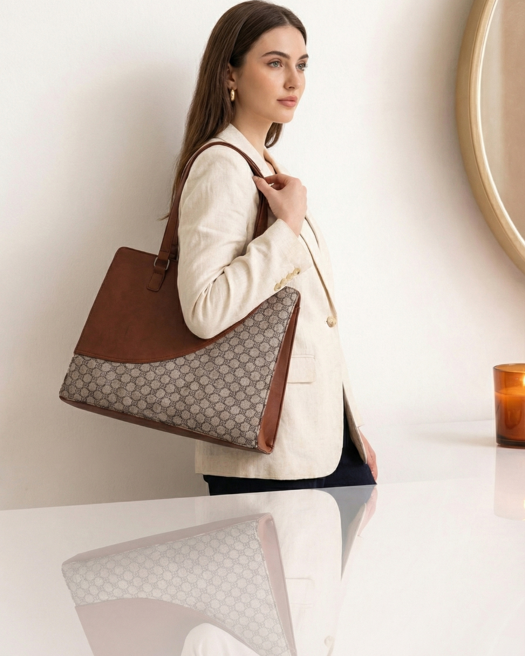 Woman holding a brown and beige handbag against a neutral background