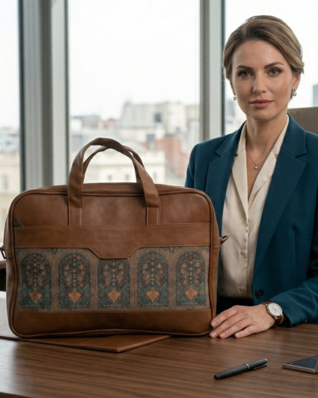 Woman in professional attire next to a brown leather bag with intricate patterns on a desk.